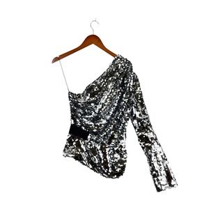 Carven Women's 36 US 4 Silver Sequin One Shoulder Long Sleeve Party Blouse‎ Top